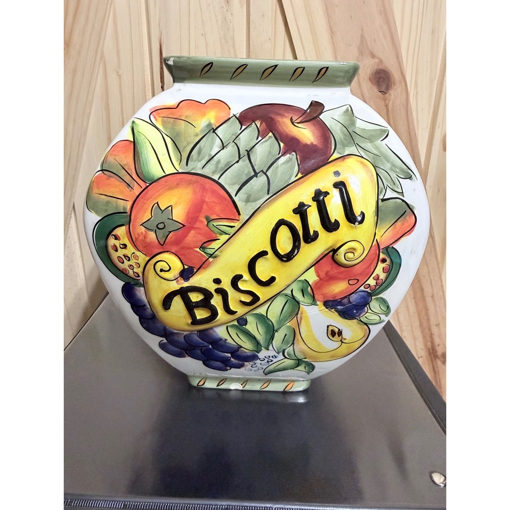 Vintage Hand Painted Ceramic Biscotti Jar Fruit Motif Italian Kitchen Decor